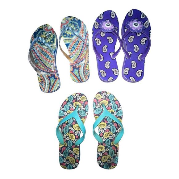 Vera Bradley Lot of Three Flip Flops Med 7-8 Happy Snails Marina Paisley Violet - Picture 1 of 7
